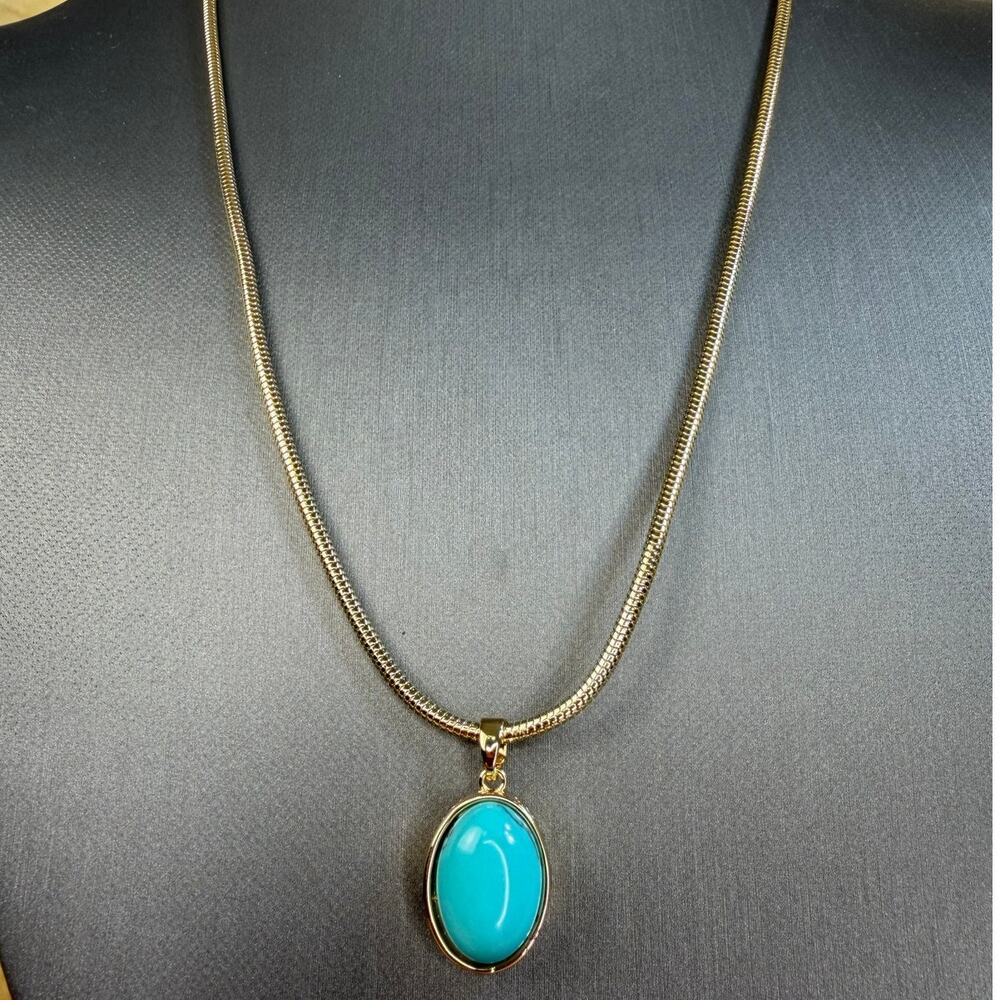 Stainless Steel Turquoise Pendant Necklace Gold Tone Waterproof 20" Chain New - Picture 7 of 14